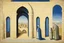 Placeholder: an open gothic_arab gate in a blue-tiled wall with a view of an old city by artist "de Chirico",by artist "Leonora Carrington"