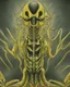 Placeholder: Distorted large yellow insectoid alien black eyes, in a mall, sci-fi art, graphic design, digital illustrated scene, alien art, high strangeness, absurdist, cartoonists