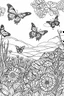 Placeholder: A meadow filled with colorful butterflies fluttering about symbolizes the beauty and freedom of the natural world.., coloring book page, simple and clean line art, adult drawing book, black and white, crisp black lines, no shades, sharp lines, coloring book for adults, cartoon style, landscape