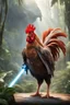 Placeholder: [photo realistic] a rooster standing with a Jedi cape and a Lightsaber, using the force, jungle in the background