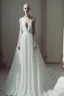 Placeholder: White wedding dress with a very long waist that expresses the lovers of the sea Photorealistic