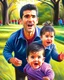 Placeholder: Papá alegre con sus bebes niño y niña jugando y corriendo en el parque felíz cuerpo completo colores complementarios obra de arte pintura al óleo impactante detallado ojos marrones pelo negro hiperrealista 8k coherente niño papá