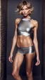 Placeholder: photography of a beautiful anorexic woman, silver satin top, sports illustrated, short wavy bob haircut, pronounced sternum