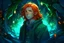 Placeholder: anime man with long ginger red hair and blue eyes and forest green sweater standing in a cave with glowing crystals surrounding him