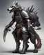 Placeholder: Warrior warrior with leather and metal clothes A combination of a dragon and a wolf and a commander riding on it Warrior warrior with leather and metal clothes and robotic metal