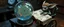 Placeholder: map of labyrinth contained in a glass ball with elemental sigils and symbols on a table beside a book called Rotten Riddles Age with weird illustrations, being read by an fluffy imp gremlin druid librarian in a cyber punk wheel chair in the style of Fallout 4 and Giger