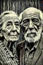 Placeholder: an old couple faces olae vintage photo with stronge glich technique, grey-brown, defects, graininess, white noise, lines, scratches, glitch art