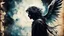 Placeholder: old worn postcard, Portrait Light and darkness in one person, angel and demon in one person, abstract art additional colors small details,
