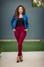 Placeholder: full body of very beautiful girl wearing blue pants and jacket, curvy hair ,standing idle happy pose in studio pretty makeup