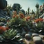 Placeholder: A striking photograh close-up captures a hyperrealistic wasteland with group of plants and glossy material, adorned with rocks. Magnificent. Henri Rousseau. Volumetric light. Shot on Kodak Portra 160 professional, eerie, giant black sun, 8k, deep 3d field, odd flowers, rock formations, strong texture, extreme detail, intricate, colours, rich moody colors, sparkles, bokeh, 33mm photography, details of the flowers and rocks very accentuated