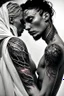 Placeholder: Multiple entanglements between a twisted thin piece of cloth as part of many twisted and spiraling branches disappearing into the distant mist, epic photo, 2 beautiful lovers are embracing, stunning tattoos that intwine with eachothers tattoos,sharp on highly detailed skin with wrinkles and high contrast, photorealistic, explosion of extacy,4K, 3D, realism, hyperrealism, detail, good lighting, detailed texture, modern photography style, 3D, 4D, 4K