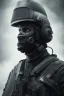 Placeholder: All black German soldier, wearing high tech mask, white smoke, dark, rage, sorrow, high definition, ultra 8 k, volumetric lighting, blue fire, fog