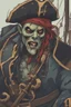 Placeholder: close up portrait of a zombi as a pirate, 2d style, background on a boat