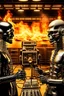 Placeholder: Two radio hosts are face to face in a burning radio studio. The host on the left is a bald human metal fan. The host on the right is a ridiculous robot.