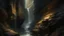 Placeholder: A canyon pass, dark, slivers of light, Stony walls, dripping water, lairs, realistic, medieval, painterly, painting