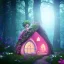 Placeholder: a fairy house pink and blue, in the woods, spring, 8k, flickering light, centered, high-quality, fine-detail, digital art, detailed matte, volumetric lighting, illustration, 3D octane render