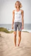 Placeholder: anorexic beautiful 19 year old woman, total shot, grey capri leggins, triathlon top, short blonde wavy bob hair, blurred beach background