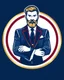 Placeholder: A circular logo with a vector of a handsome groom or beard and mustache with a formal suit at the top of the logo in a blue, red, white, gold, and silver color theme.