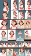 Placeholder: Big girl character, multiple poses and expressions, Real stories illustration style, cute, 20years old girl, full color, red