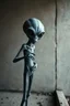 Placeholder: a gray alien standing by a wall pissing front view he turned face write scared