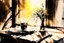 Placeholder: A table in a nice restaurant next to the window, meal, wine and flower on it, melting watercolor and black ink outlines on wet paper, soft, shading strokes, in sunshine, ethereal, otherwordly, cinematic postprocessing, bokeh, dof