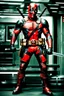 Placeholder: Deadpool in large, futuristic armor, photograph