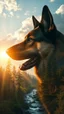 Placeholder: portrait of German shepherd dog , Double exposure surreal digital art of a mysterious , his face in profile, blending seamlessly into the shape of the clouds . a magical forest scene unfolds, illuminated by golden light rays, with tall trees and a flowing river.