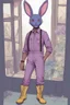 Placeholder: A human man with a blue rabbit mask that has pink and green eye shadow, yellow and black eyes and rosy cheeks, wearing purple overall straps and a blue button down shirt with patches and stitch work on it, in black pants and tall brown boots. In a semi-realistic style