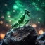 Placeholder: dark green crystal mantis on top of a rock, rainy night, nebula and constellations on sky, sharp focus, high contrast, bright vibrant colors, cinematic masterpiece, shallow depth of field, bokeh, sparks, glitter, 16k resolution, photorealistic, intricate details, dramatic natural lighting