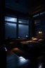 Placeholder: inside a cyberpunk style bedroom, windows reveal distant cliffs, nighttime, night, dark and moody