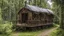 Placeholder: group of Large Gothic Two-story, wooden gipsy caravan on a pathway in a woodland clearing