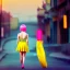 Placeholder: Beautiful lonely girl who walks along a street without people at dawn. You see her from behind. She short wears very short yellow dress, long legs. She has short pink hair with glowing crystals. Full body, 8k resolution concept art. Professional Photo HD. Stylish. Warm vivid colors. Panoramic
