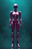 Placeholder: Hyper-realistic full-body 3D surreal digital painting of a female humanoid droid mechanic standing upright, perfect full-body proportions, elegant futuristic design, highly detailed mechanical anatomy with refined joints and precision engineering, sleek magenta metallic armor with subtle wear and realistic reflections, diamond-like crystalline accents integrated into the body design, cinematic pose showing full silhouette from head to feet, rich deep teal atmospheric background, soft volumetric