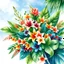 Placeholder: Jungle Bouquet Symphony Watercolor of tropical spring floral green leaves and flowers, bouquets bursting with life, hues of emerald, and turquoise blend harmoniously with the vivid spectrum of floral colors, scene set against a backdrop of a clear blue sky with dappled sunlight, capturing the essence of a tropical garden in full bloom, mood is uplifting and invigorating, celebrating the rejuvenation of life in spring, realistic illustration rendered with high-definition detailing, art that high