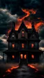 Placeholder: Gloomy creepy haunted house with black clouds and fiery atmosphere in the background