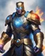 Placeholder: An armor made of a mixture of steel and leather, worn by a strong commander with magical power K's infinity gauntlet has six infinity stones While standing on a majestic height from afar A flaming-eyed commander with flaming light blue pupils stands atop a squire