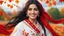 Placeholder: Hyper Realistic Close-Up-View of Extremely-Beautiful Young Happy Pashto Girl With Long-Black-Hair-Beautiful-Eyes-&-white-frock-with-red-shawl-with-white-embroidery Whirling-&-smiling in Autumn-Weather with cloudy sky in-an-Autumn-garden-with-orange-leaves-whirling-&-grass-arches-&-cold-breeze showing dramatic & cinematic ambiance.