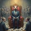 Placeholder: rich pig in suit on a throne making stacks of money by making a deal with a buisnessman. background of musicians. Payday payday. beksinski style. politicians