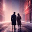 Placeholder: man wearing a trench coat, speaking to a woman in an alleyway, snowy streets of new york at night, looking down at a bottle, dramatic, dramatic lighting, volumetric lighting, hyperrealism, 8k, high quality, photorealistic, lot of details