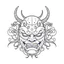 Placeholder: White, minimalis line art , oni mask japanes funny , vector, white background, outline, with images neatly contained within the background, just black and white color,