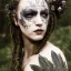 Placeholder: karlan, plant metal, feathers, face tattoo, Dryad, fae, sidhe, ominous, nature, plants, wildflower, facepaint, dnd character portrait, intricate, oil on canvas, masterpiece, expert, insanely detailed, cinematic smooth, intricate detail, soft smooth lighting, painted Renaissance style