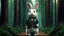 Placeholder: High-end hyperrealism epic cute fluffy rabbit hero placed in the middle length of the forest alley 20 metres away from camera, Steampunk-inspired cinematic photography, symmetry forest alley background, Aesthetic combination of metallic sage green and titanium blue, Vintage style with brown pure leather accents, Art Nouveau visuals with Octane Render 3D tech, Ultra-High-Definition (UHD) cinematic character rendering, Detailed close-ups capturing intricate beauty, Aim for hyper-detailed 8K