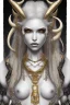 Placeholder: A young tiefling woman with a set of ram horns on her head encrusted with jewels, White-Blonde, short hair, black eyes, dressed in white and gold with lots of jewelry, beautiful, satanic tattoos on her neck,