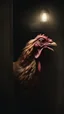 Placeholder: Generate a spine-chilling horror scene featuring a chicken monster as if it's a character from a terrifying movie, with eerie lighting and a haunting atmosphere , photo / ultra realistic."