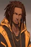 Placeholder: Anime male, age 22, long thick dreadlocks doing down past neck length, orange highlights in hair, dark brown natural hair color, white and gold hoodie with the hood down, brown eyes, lean slim muscular body, cybernetic features on face, glowing yellow cybernetic features in hair, relaxed smile
