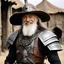 Placeholder: [high res photo by H.R. Giger] elder Don Quixote smiles in his long beard, ready to fight with his tourney lance, in dust, rust and blood, his body is covered with cartridge belts