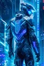 Placeholder: cyberpunk, neon blue, high technology, geometric figures, orbiting figures, cyberpunk suit, black and blue, epic, rain, neon blue suit, geometric figures orbiting around suit, exosuit, male