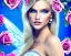 Placeholder: jolie femme avec longs cheveux blonds - joli visage souriant et beau corps bien formé , beaux yeux bleus - grandes ailes bleu ciel , ciel bleu fleurs blanches et roses. robe en soie, jolies dents, jolis yeux, picture precise and hight quality, bikini