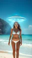 Placeholder: At the background of a beach stands a beauty with blue eyes,and warring a white sexy bikini surrounded by light and creating an atmosphere of magic and harmony.a ufo starship in the on the sidbackground