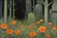 Placeholder: Cloudy day, orange flowers, rocks, forest, gothic horror influence, disturbing, people, mistery, hans am ende mpressionism paintings